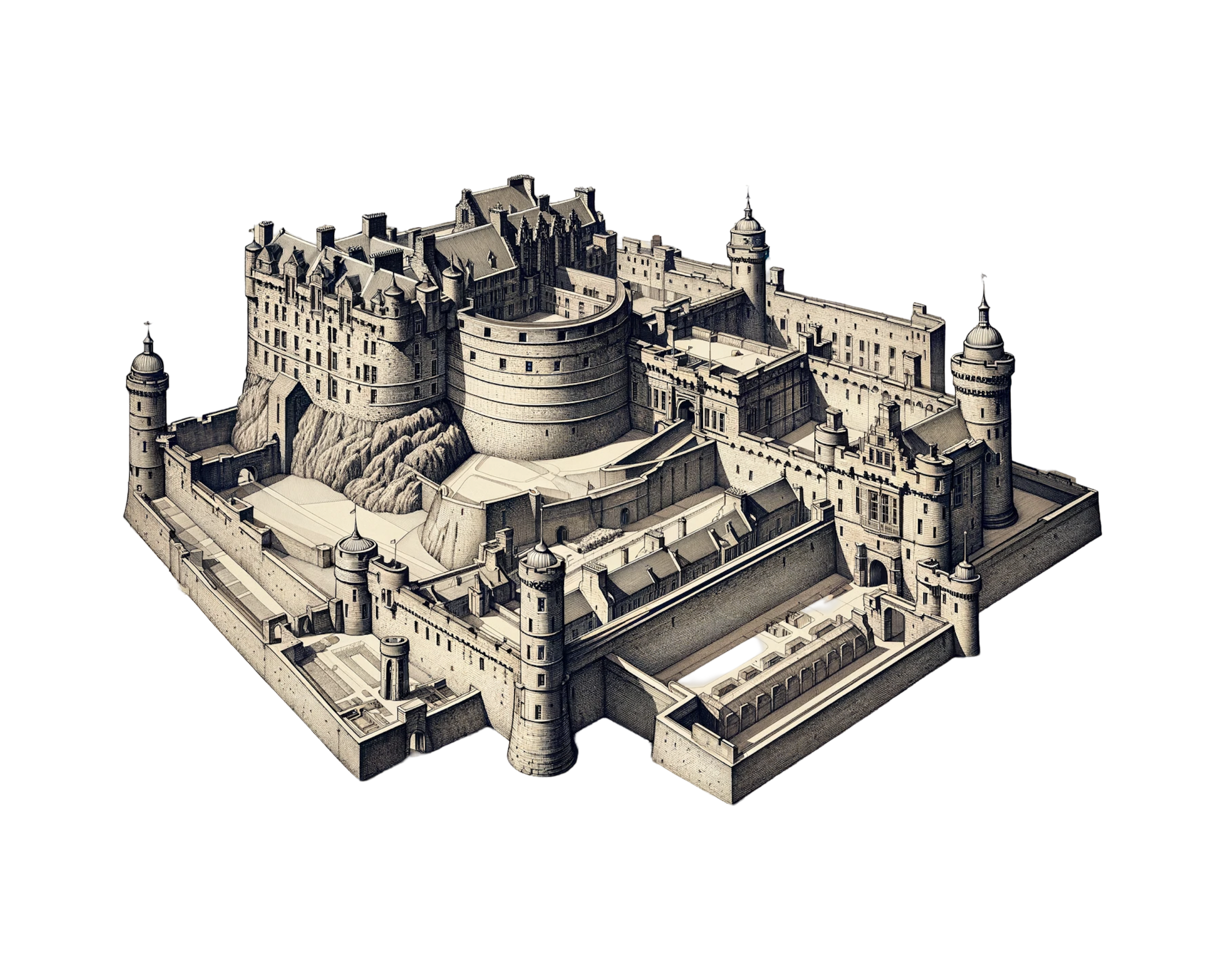 Computer animated image of Edinburgh Castle in Scotland.